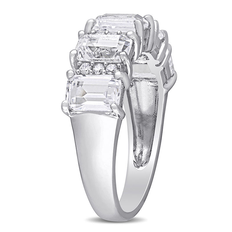 Emerald-Cut Lab-Created White Sapphire and 0.10 CT. T.W. Diamond Five Stone Ring in 10K White Gold