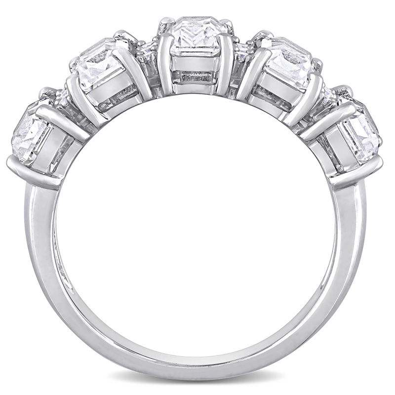 Emerald-Cut Lab-Created White Sapphire and 0.10 CT. T.W. Diamond Five Stone Ring in 10K White Gold