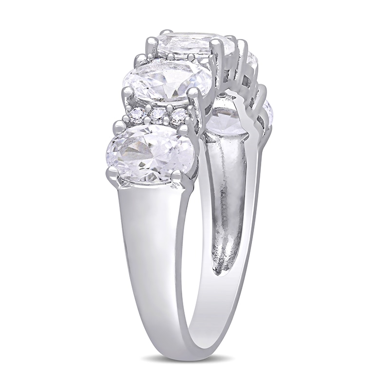 Oval Lab-Created White Sapphire and 0.10 CT. T.W. Diamond Five Stone Ring in 10K White Gold
