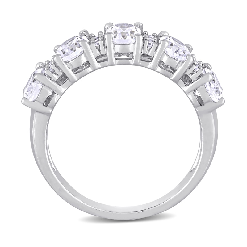 Oval Lab-Created White Sapphire and 0.10 CT. T.W. Diamond Five Stone Ring in 10K White Gold