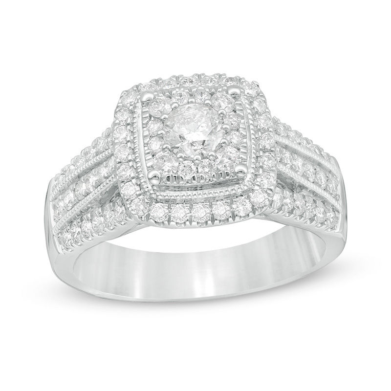 1.00 CT. T.W. Diamond Cushion Frame Vintage-Style Multi-Row Engagement Ring in 10K White Gold