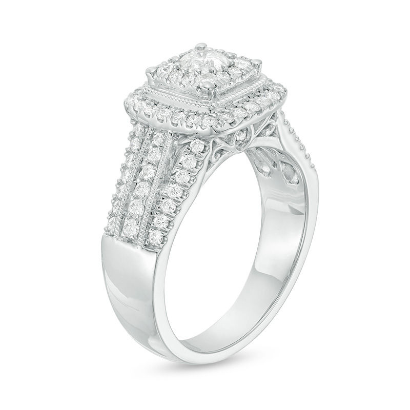 1.00 CT. T.W. Diamond Cushion Frame Vintage-Style Multi-Row Engagement Ring in 10K White Gold