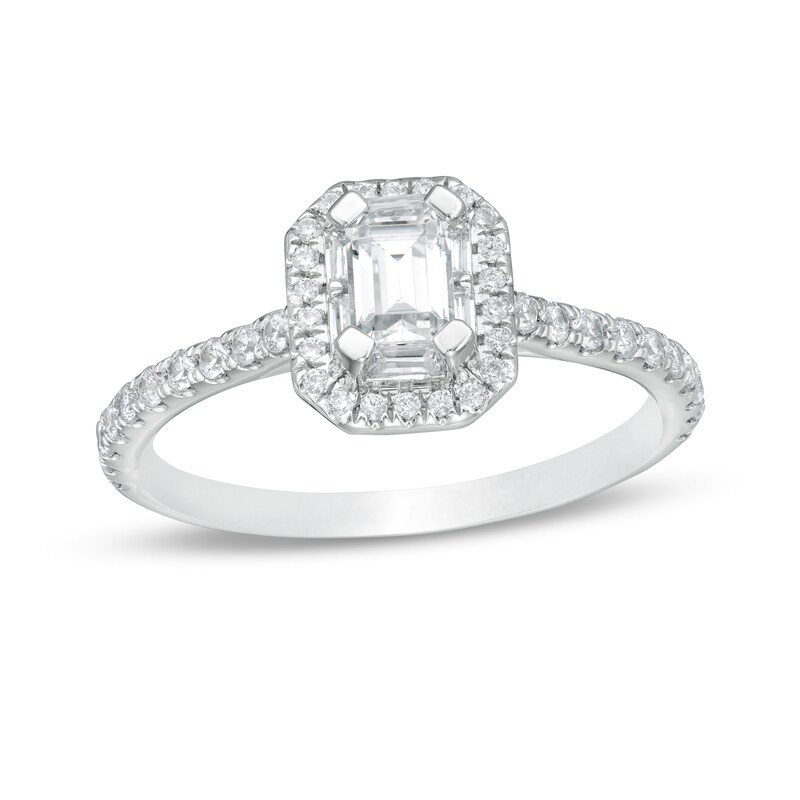 Main Image 1 of 0.70 CT. T.W. Emerald-Cut Diamond Octagonal Frame Engagement Ring in 14K White Gold