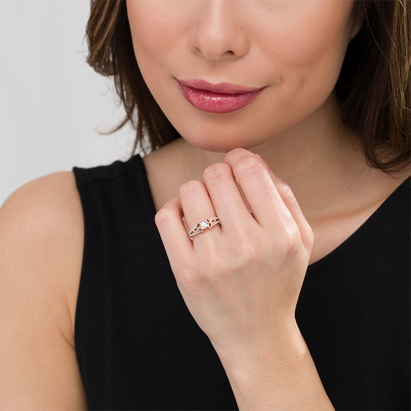 Main Image 2 of 0.29 CT. T.W. Diamond Celtic Knots Split Shank Engagement Ring in 10K Rose Gold