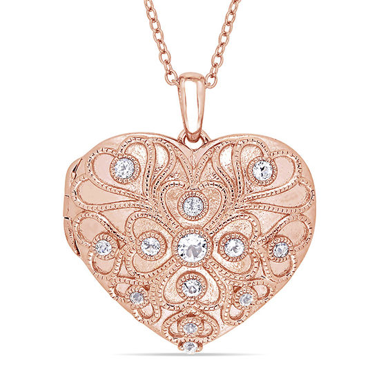 White Topaz Vintage-Style Heart-Shaped Locket in Sterling Silver with Rose Rhodium