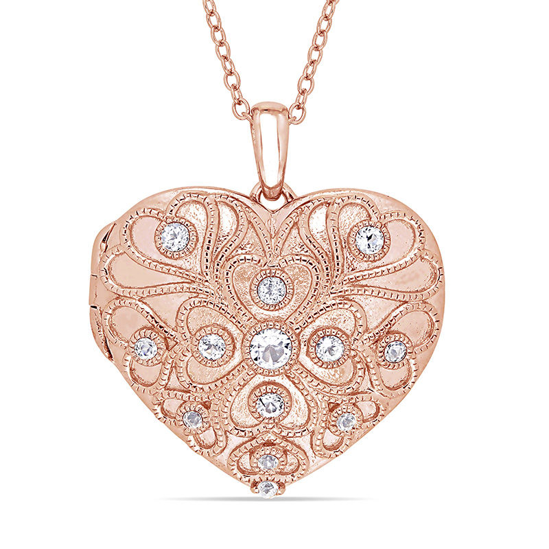 White Topaz Vintage-Style Heart-Shaped Locket in Sterling Silver with Rose Rhodium|Peoples Jewellers