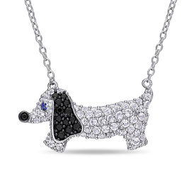 Lab-Created White and Blue Sapphire and Black Spinel Dachshund Necklace in Sterling Silver - 17&quot;