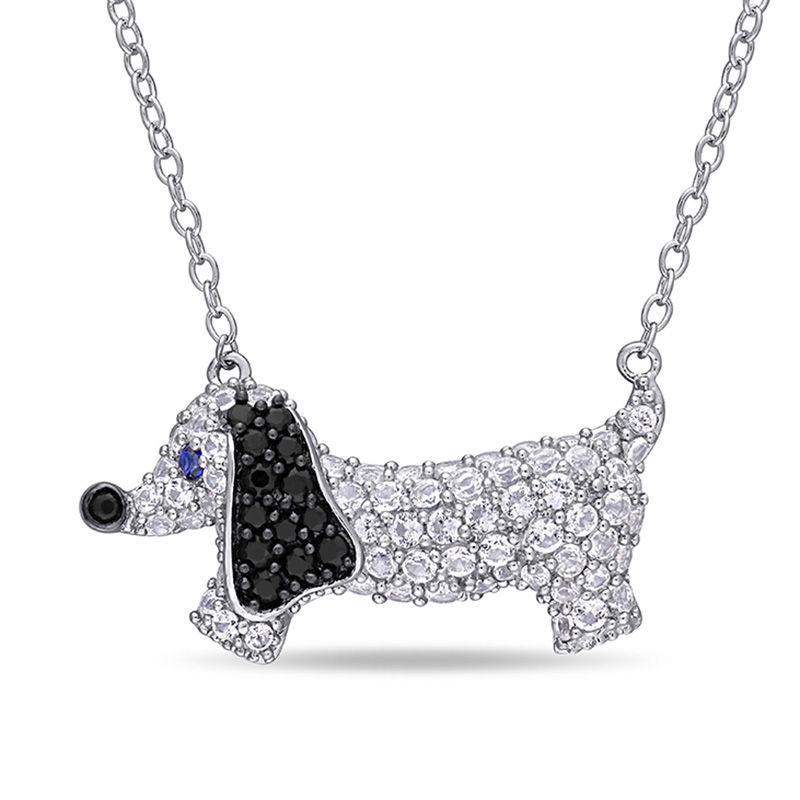 Lab-Created White and Blue Sapphire and Black Spinel Dachshund Necklace in Sterling Silver - 17"