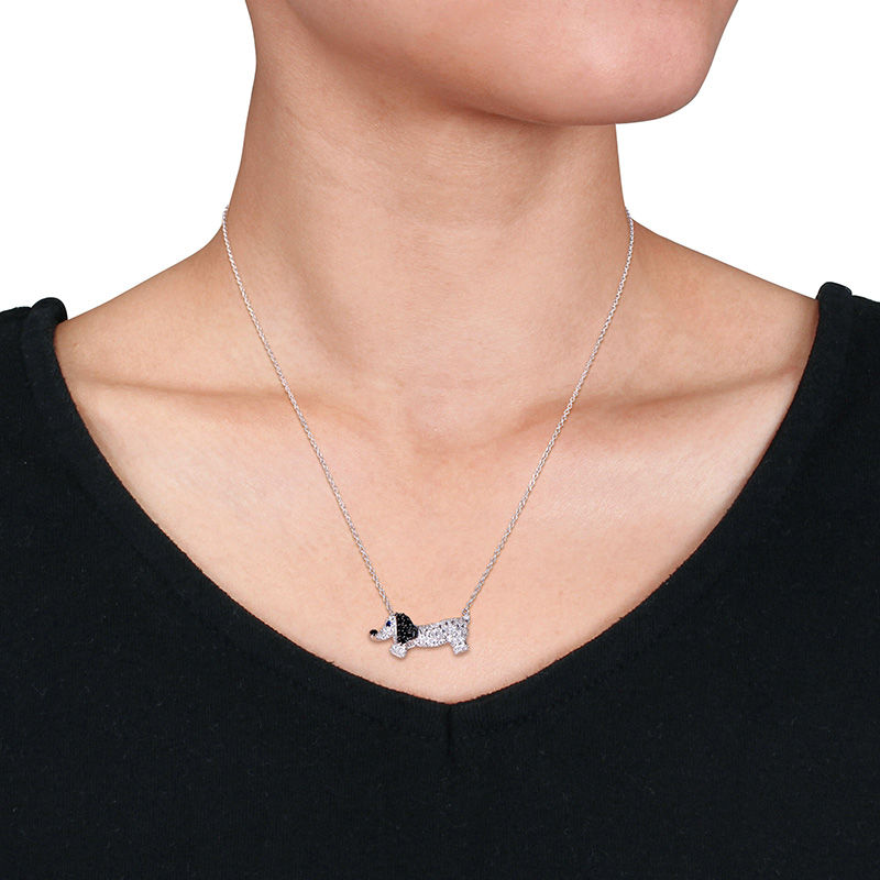 Lab-Created White and Blue Sapphire and Black Spinel Dachshund Necklace in Sterling Silver - 17"