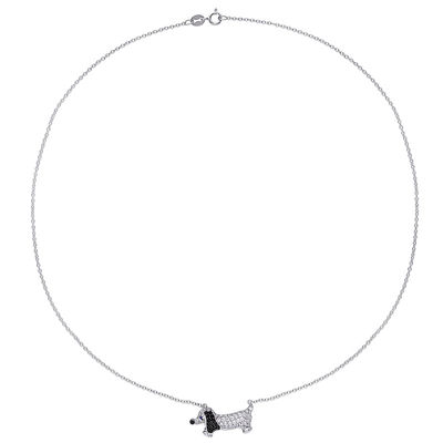 Lab-Created White and Blue Sapphire and Black Spinel Dachshund Necklace in Sterling Silver - 17"
