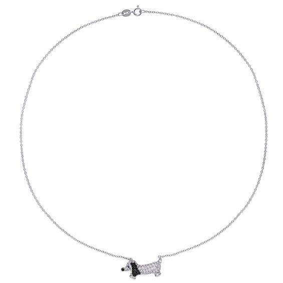 Lab-Created White and Blue Sapphire and Black Spinel Dachshund Necklace in Sterling Silver - 17"