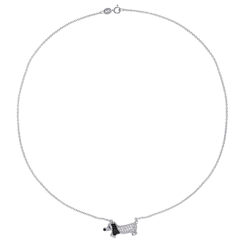 Lab-Created White and Blue Sapphire and Black Spinel Dachshund Necklace in Sterling Silver - 17"