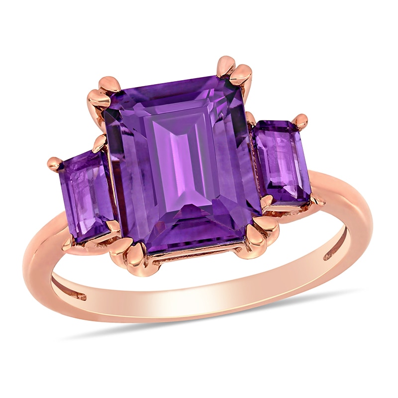Main Image 1 of Emerald-Cut Amethyst Three Stone Ring in 14K Rose Gold