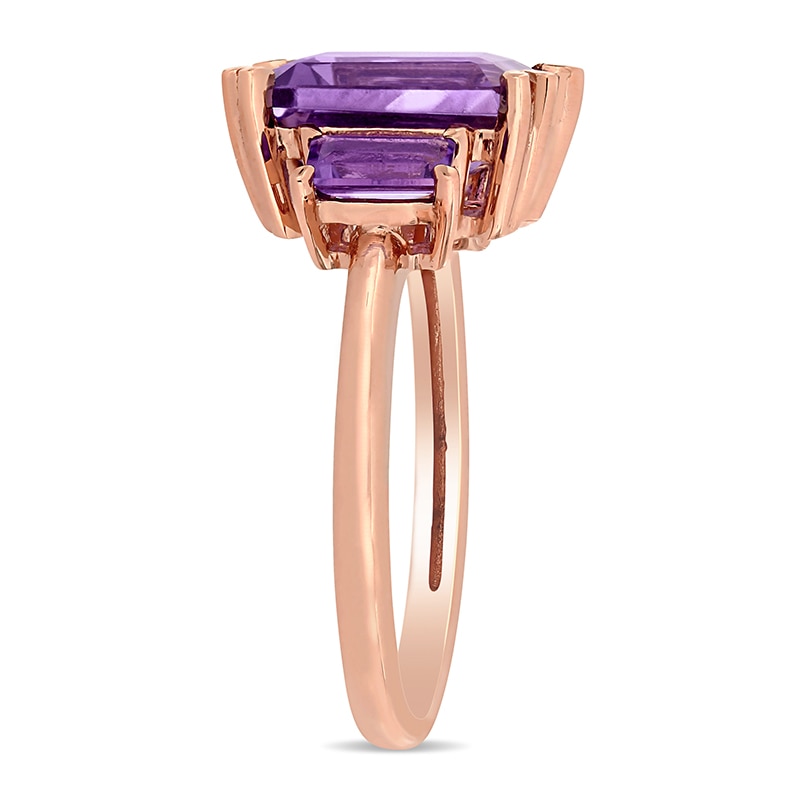 Main Image 3 of Emerald-Cut Amethyst Three Stone Ring in 14K Rose Gold