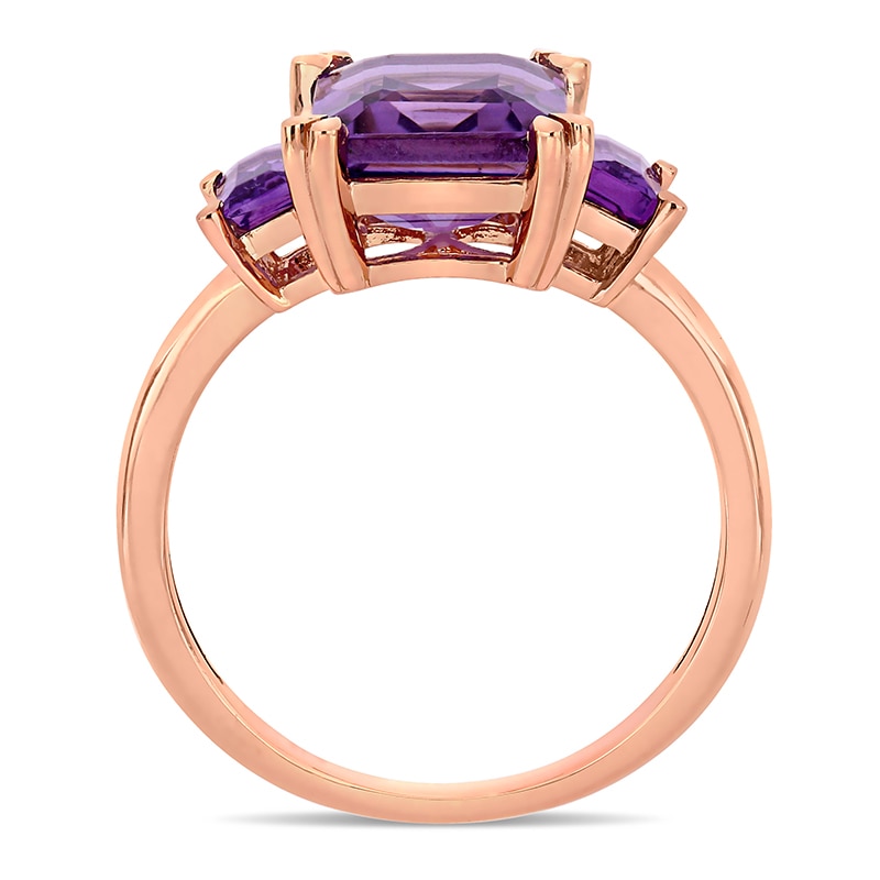 Main Image 4 of Emerald-Cut Amethyst Three Stone Ring in 14K Rose Gold