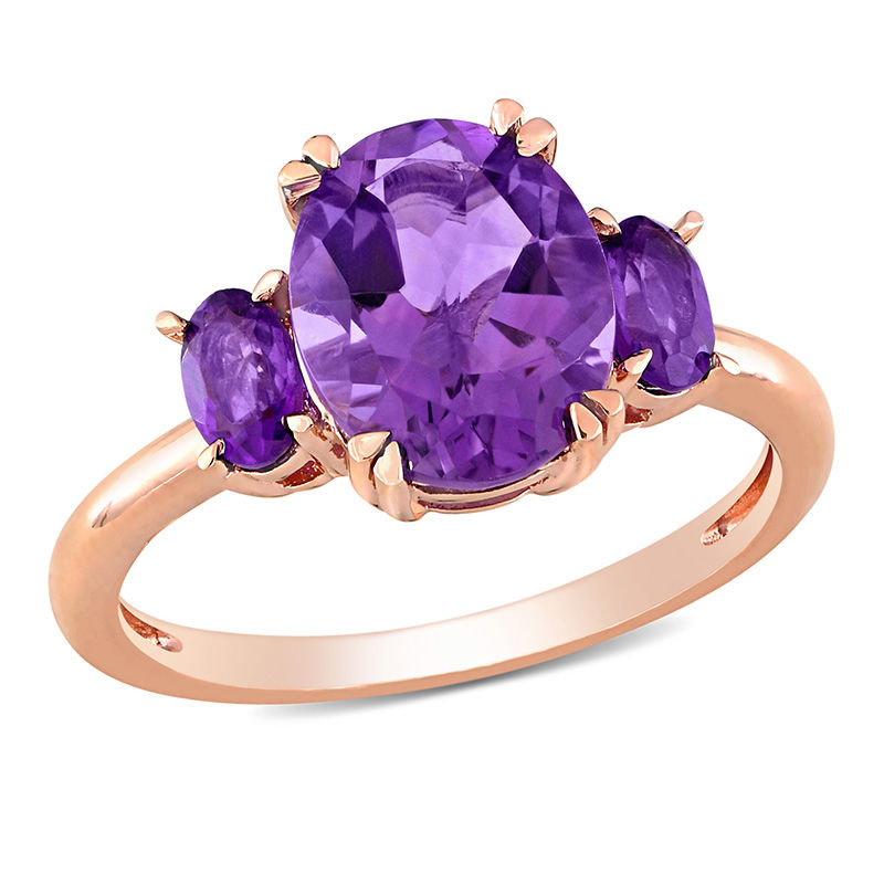 Oval Amethyst Three Stone Ring in 14K Rose Gold|Peoples Jewellers