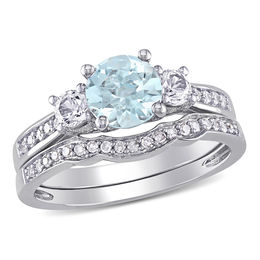 Aquamarine, Lab-Created White Sapphire and 0.12 CT. T.W. Diamond Three Stone Bridal Set in 10K White Gold