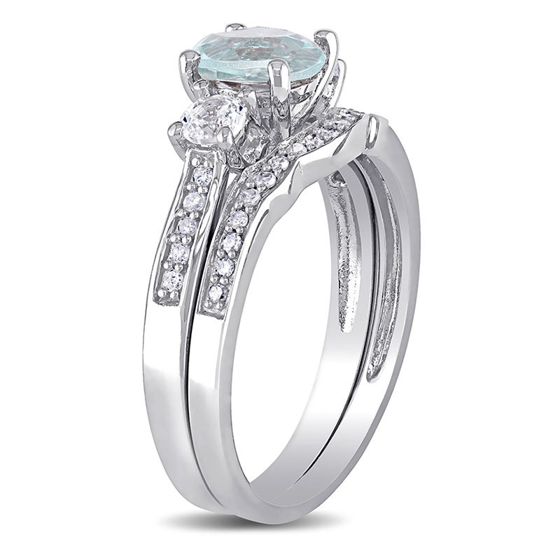 Main Image 3 of Aquamarine, Lab-Created White Sapphire and 0.12 CT. T.W. Diamond Three Stone Bridal Set in 10K White Gold