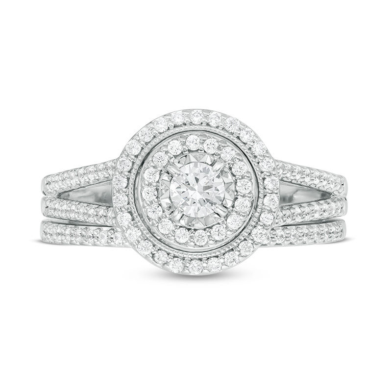 0.60 CT. T.W. Diamond Double Frame Split Shank Vintage-Style Bridal Set in 10K White Gold