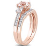 Thumbnail Image 2 of Morganite, Lab-Created White Sapphire and 0.12 CT. T.W. Diamond Three Stone Bridal Set in 10K Rose Gold