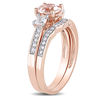 Thumbnail Image 3 of Morganite, Lab-Created White Sapphire and 0.12 CT. T.W. Diamond Three Stone Bridal Set in 10K Rose Gold