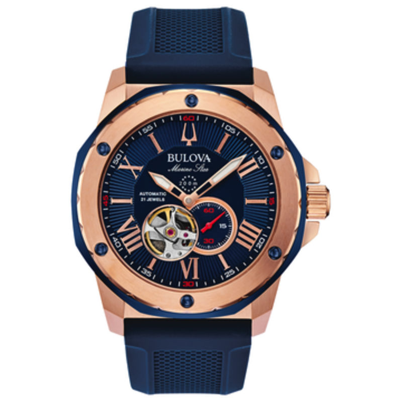Men's Bulova Marine Star Automatic Rose-Tone Strap Watch with Blue Skeleton Dial (Model: 98A227)|Peoples Jewellers