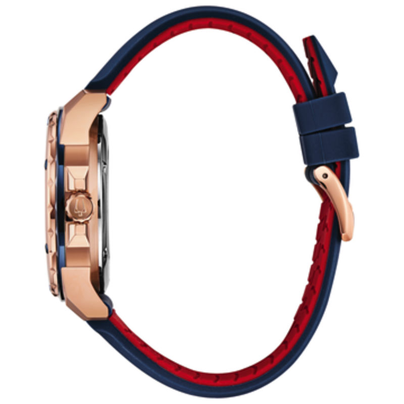 Main Image 3 of Men's Bulova Marine Star Automatic Rose-Tone Strap Watch with Blue Skeleton Dial (Model: 98A227)