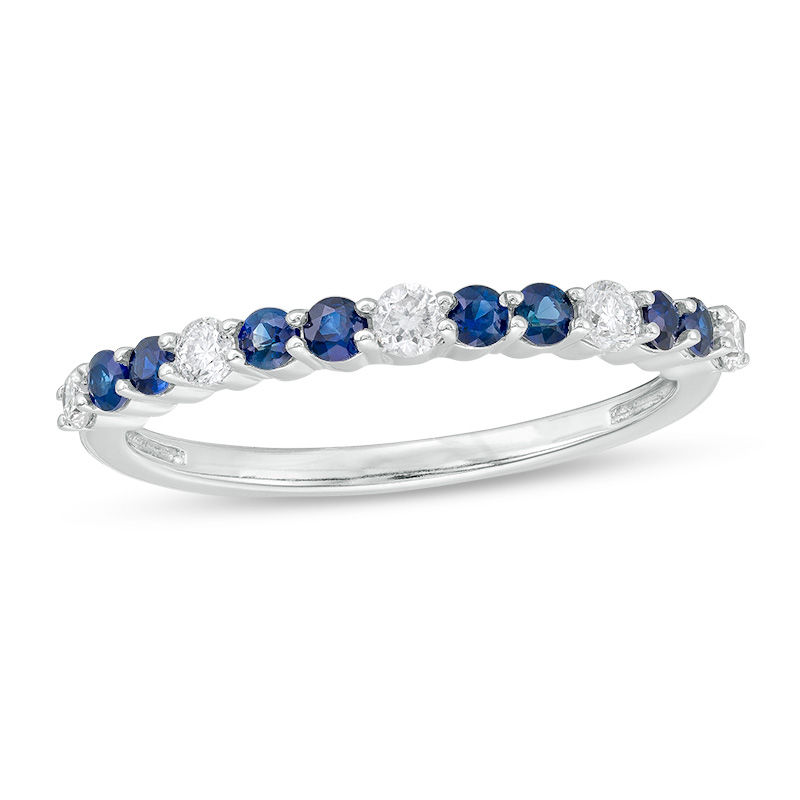 Blue Sapphire and 0.18 CT. T.W. Diamond Alternating Stackable Band in 10K White Gold|Peoples Jewellers