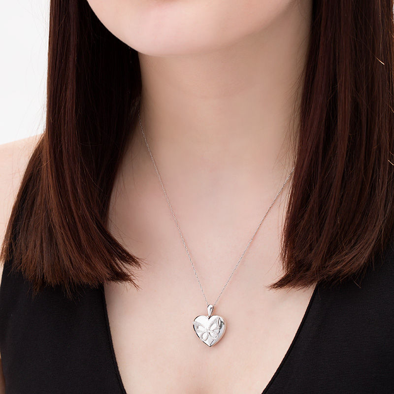 Main Image 2 of 0.065 CT. T.W. Diamond Butterfly Heart Locket in Sterling Silver