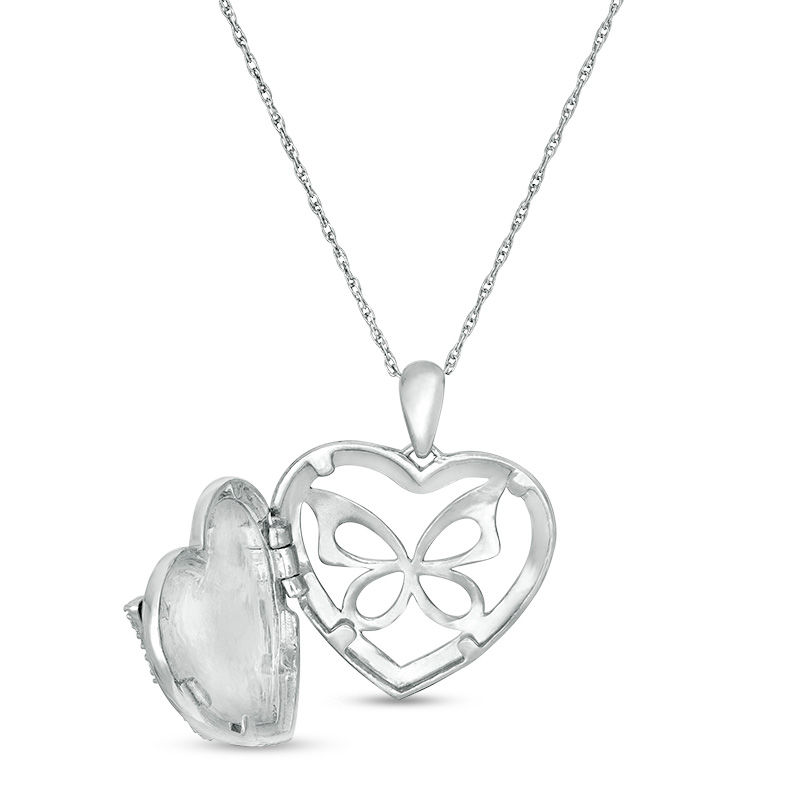 Main Image 3 of 0.065 CT. T.W. Diamond Butterfly Heart Locket in Sterling Silver