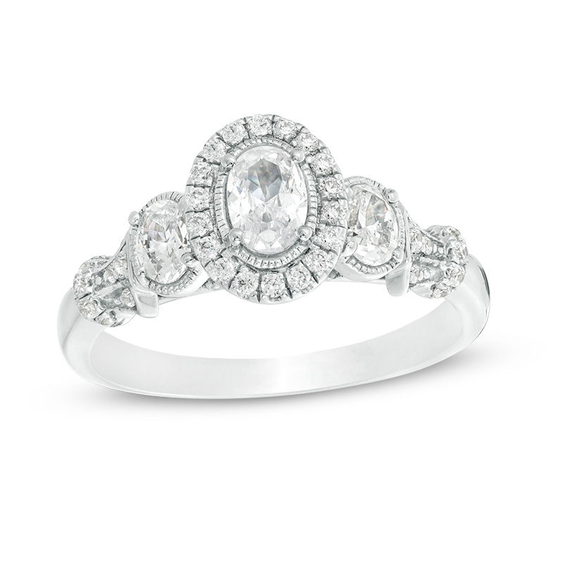 0.95 CT. T.W. Oval Diamond Past Present Future® Frame Vintage-Style Engagement Ring in 14K White Gold|Peoples Jewellers