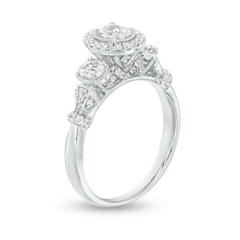 Main Image 3 of 0.95 CT. T.W. Oval Diamond Past Present Future® Frame Vintage-Style Engagement Ring in 14K White Gold