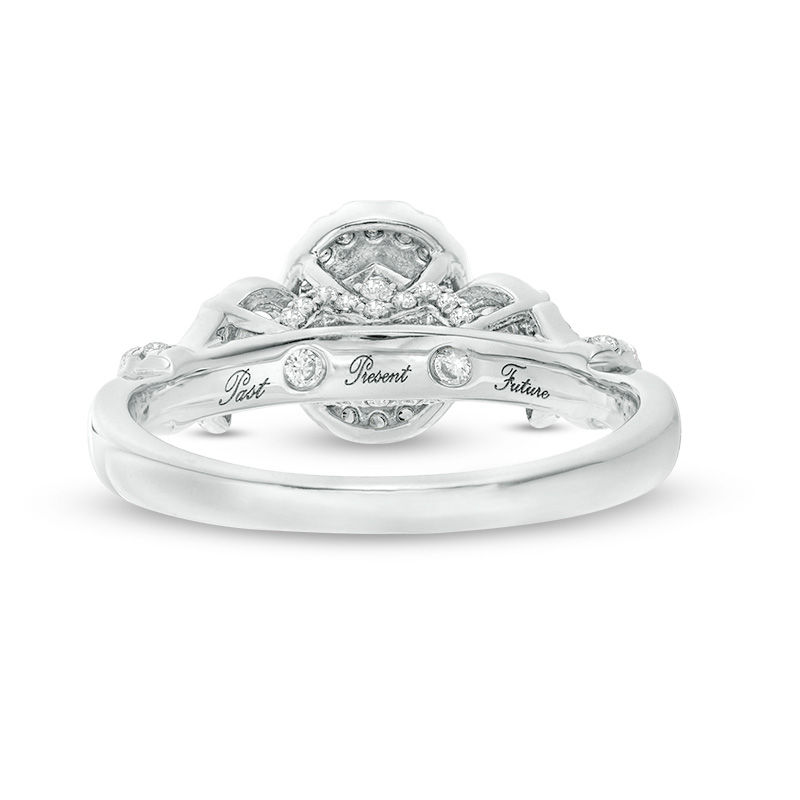 Main Image 4 of 0.95 CT. T.W. Oval Diamond Past Present Future® Frame Vintage-Style Engagement Ring in 14K White Gold
