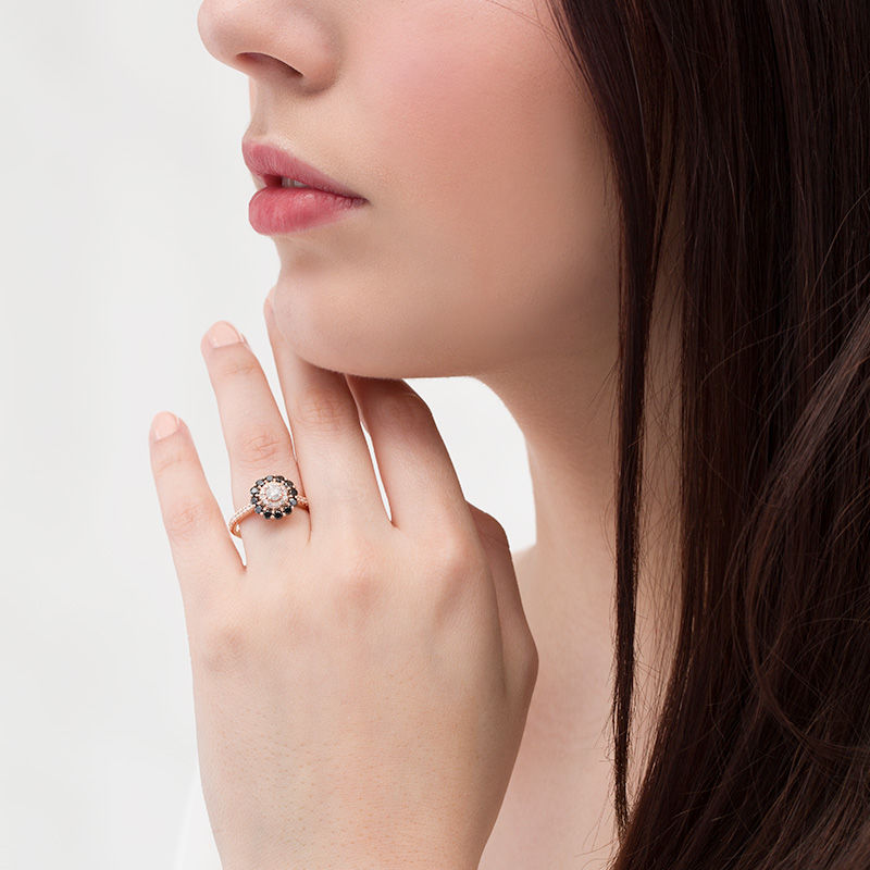 0.95 CT. T.W. Enhanced Black and White Diamond Double Frame Engagement Ring in 10K Rose Gold - Size 7