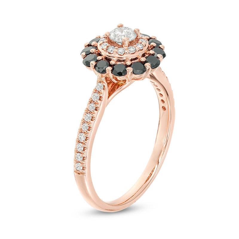 0.95 CT. T.W. Enhanced Black and White Diamond Double Frame Engagement Ring in 10K Rose Gold - Size 7