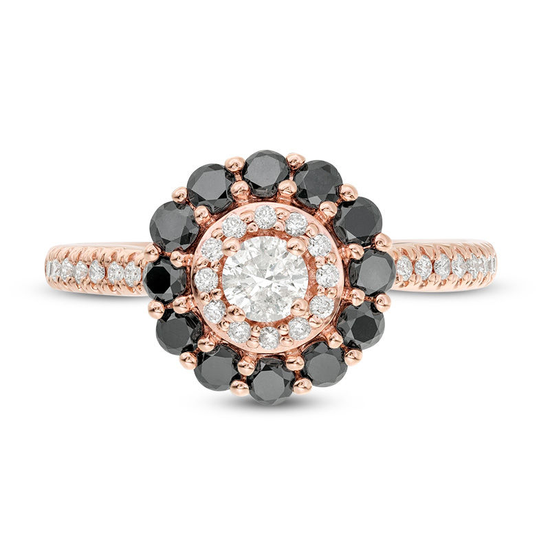 0.95 CT. T.W. Enhanced Black and White Diamond Double Frame Engagement Ring in 10K Rose Gold - Size 7