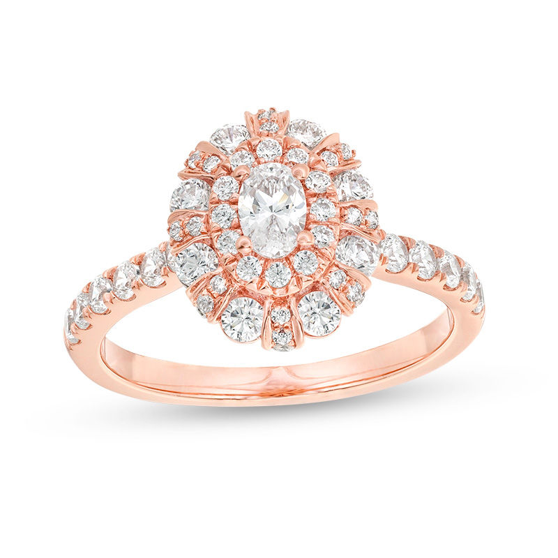 0.96 CT. T.W. Oval Diamond Double Frame Engagement Ring in 14K Rose Gold - Size 7