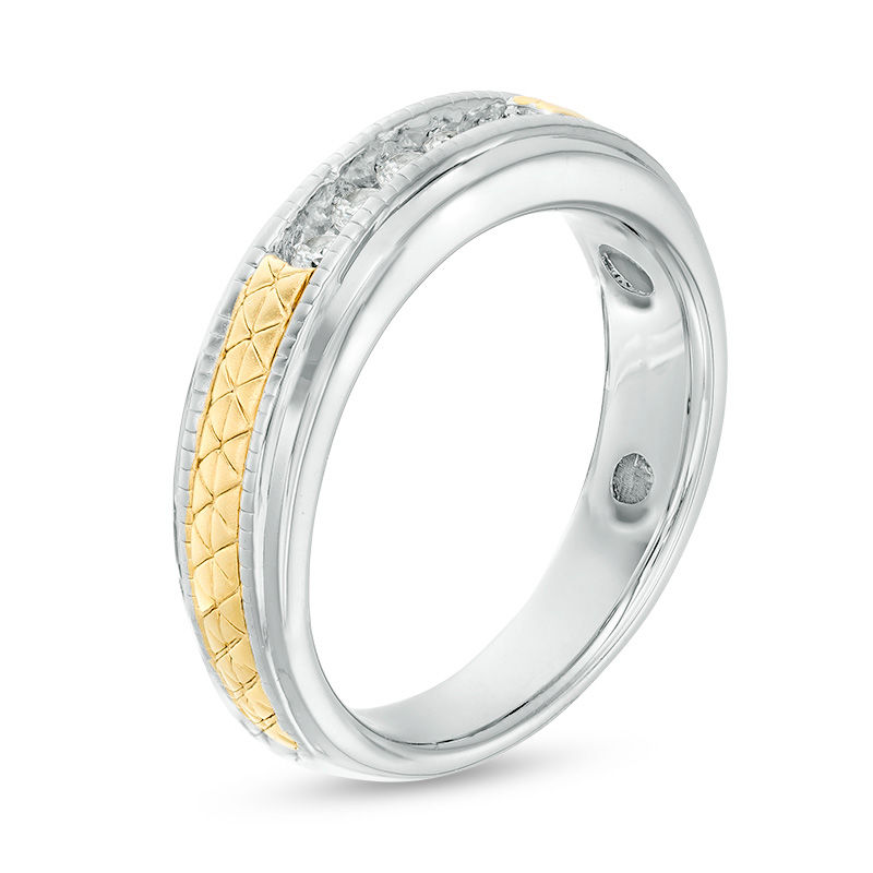 Main Image 3 of Men's 0.23 CT. T.W. Diamond Five Stone Anniversary Band in Sterling Silver and 14K Gold Plate - Size 10