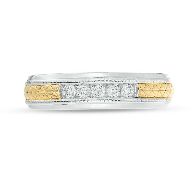 Main Image 4 of Men's 0.23 CT. T.W. Diamond Five Stone Anniversary Band in Sterling Silver and 14K Gold Plate - Size 10