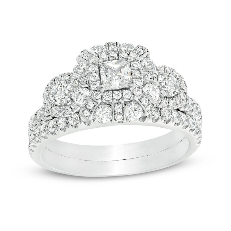 1.46 CT. T.W. Princess-Cut Diamond Past Present Future® Double Frame Bridal Set in 10K White Gold - Size 7