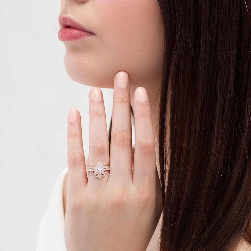 Main Image 2 of 0.60 CT. T.W. Pear-Shaped Diamond Frame Tiara Vintage-Style Bridal Set in 10K Rose Gold