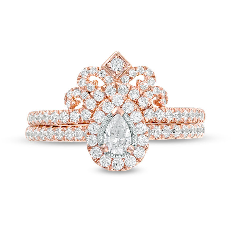 0.60 CT. T.W. Pear-Shaped Diamond Frame Tiara Vintage-Style Bridal Set in 10K Rose Gold - Size 7