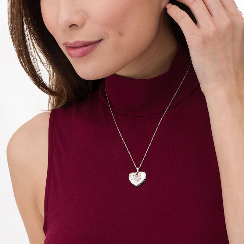 Main Image 2 of Composite Diamond Accent Heart Locket in Sterling Silver and 10K Rose Gold