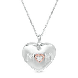 Diamond Accent &quot;MOM&quot; Heart Locket in Sterling Silver and 10K Rose Gold