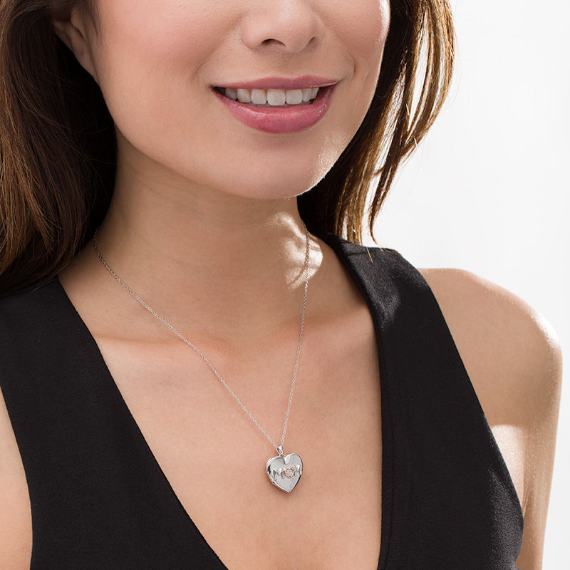 Main Image 2 of Diamond Accent "MOM" Heart Locket in Sterling Silver and 10K Rose Gold