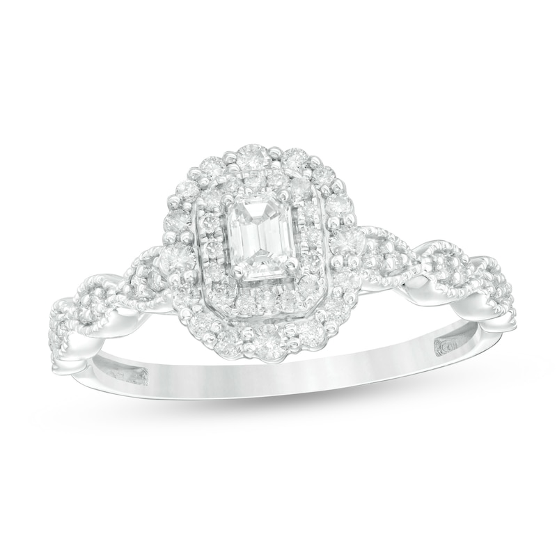Main Image 1 of 0.40 CT. T.W. Emerald-Cut Diamond Double Frame Art Deco Vintage-Style Engagement Ring in 10K White Gold