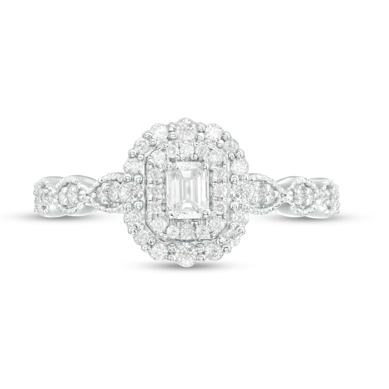Main Image 4 of 0.40 CT. T.W. Emerald-Cut Diamond Double Frame Art Deco Vintage-Style Engagement Ring in 10K White Gold