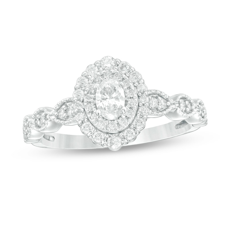 Main Image 1 of 0.40 CT. T.W. Oval Diamond Double Frame Art Deco Vintage-Style Engagement Ring in 10K White Gold