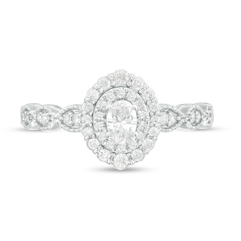 Main Image 4 of 0.40 CT. T.W. Oval Diamond Double Frame Art Deco Vintage-Style Engagement Ring in 10K White Gold