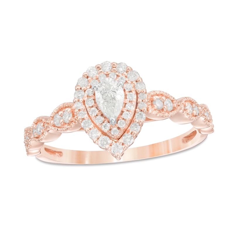 Main Image 1 of 0.40 CT. T.W. Pear-Shaped Diamond Double Frame Art Deco Vintage-Style Engagement Ring in 10K Rose Gold